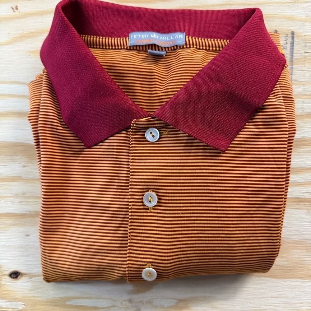 Peter Millar‎ Summer Comfort Polo Shirt Mens XL Orange Burgundy Striped Golf Top